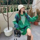 Round-neck Argylecolor Panel Long-sleeve Knit Sweater Green - One Size