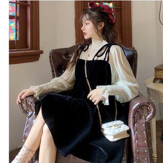 Set: Turtleneck Lantern-sleeve Blouse + Spaghetti Strap Midi Dress Blouse & Strap Dress - One Size