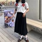 Short Sleeve Flower Print Shirt / Pleated A-line Skirt
