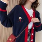 Contrast Trim Bear Embroidered Knit Cardigan