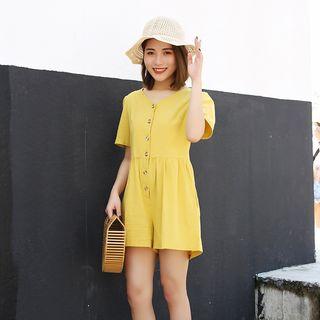 Short-sleeve V-neck Buttoned Playsuit