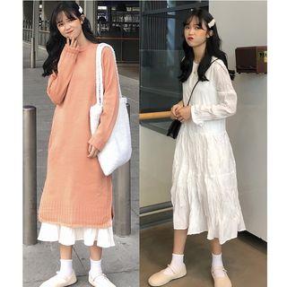 Plain Long-sleeve Midi A-line Dress / Crew-neck Long-sleeve Knit Dress