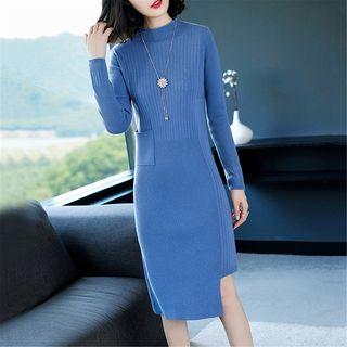 Mock Neck Asymmetrical Knit Sheath Dress