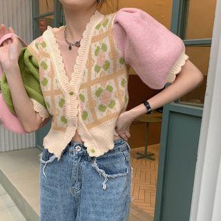 Puff-sleeve Color Block Cardigan Almond - One Size