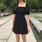 Short-sleeve Floral Print Smocked Mini A-line Dress