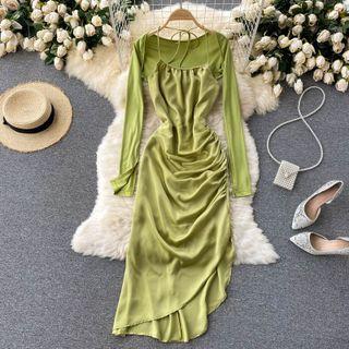 Set Of 2 : Drawstring Asymmetrical Spaghetti-strap Dress + Cardigan
