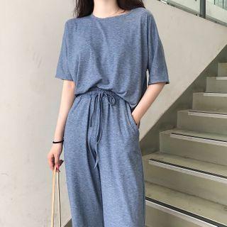 Set: Plain Loose-fit Short-sleeve T-shirt + Pants Blue - One Size