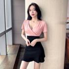 Short-sleeve V-neck Two-tone Mini Sheath Dress