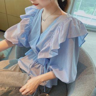Puff-sleeve Striped Frill Trim Blouse