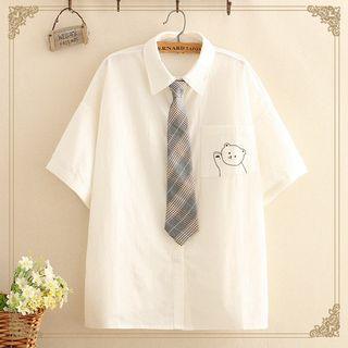 Bear Pocket Plaid Tie Shirt As Shown In Figure - One Size