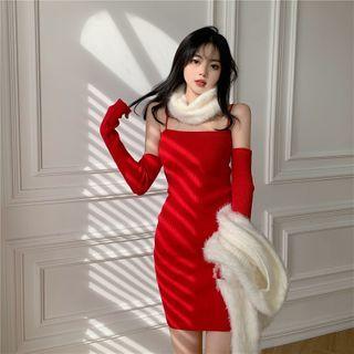 Set: Spaghetti Strap Mini Bodycon Dress + Arm Sleeves Set - Dress - Red - One Size / Arm Sleeves - Red - One Size