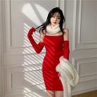 Set: Spaghetti Strap Mini Bodycon Dress + Arm Sleeves Set - Dress - Red - One Size / Arm Sleeves - Red - One Size