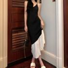 Spaghetti Strap V-neck Color Block Mesh Panel Dress Black & White - One Size