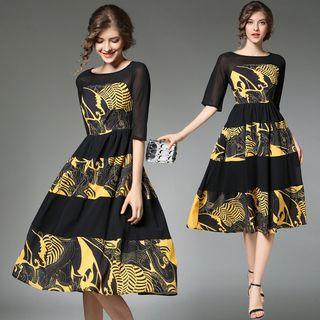Elbow-sleeve Printed Panel A-line Dress