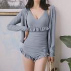 Set: Spaghetti Strap Ruffle Trim Swimsuit + Cover-up Jacket