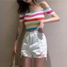 Short-sleeve Striped Knit Cropped Top As Shown In Figure - One Size