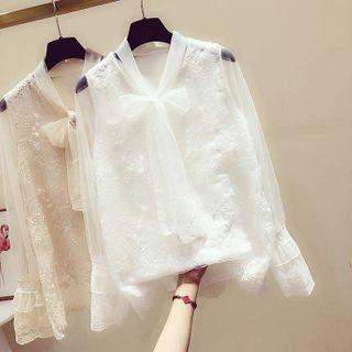 Bell-sleeve Ribbon Tie-neck Lace Blouse