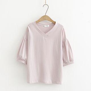 Elbow-sleeve V-neck Loose Fit T-shirt