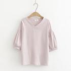 Elbow-sleeve V-neck Loose Fit T-shirt