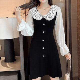 Lace Collar Two-tone A-line Dress