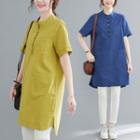 Elbow-sleeve Henley Mini Dress