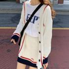 Embroidered Letter Contrast Trim Cardigan / Mini Skirt
