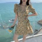 Bell-sleeve V-neck Floral Mini Dress