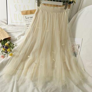 Bow-accent Elastic High-waist Midi Skirt