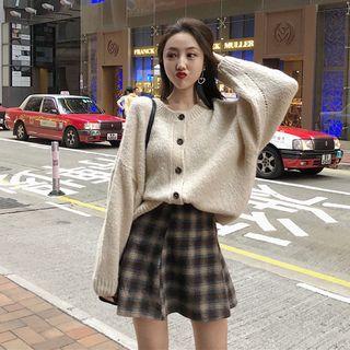 Band Collar Cardigan / Plaid Mini A-line Skirt / Set