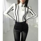 Turtleneck Striped Rib-knit Top