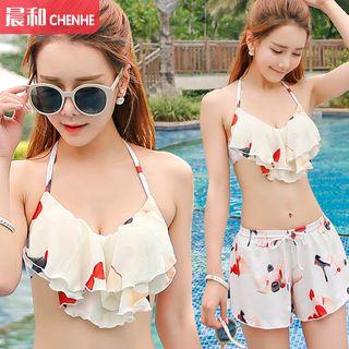 Set: Floral Print Bikini + Chiffon Shorts