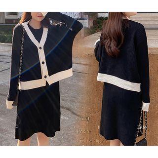 Set: Two-tone Cardigan + Sleeveless A-line Dress Set - Cardigan & Dress - Black & White - One Size