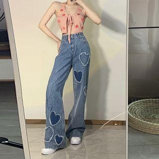 High Waist Heart Wide Leg Jeans / Halter Crop Tank Top