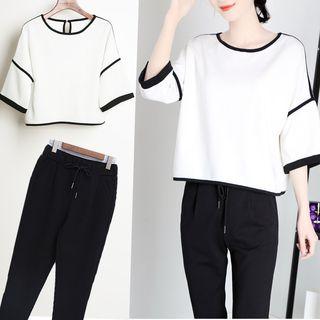 Set: Piped Top + Drawstring-waist Pants