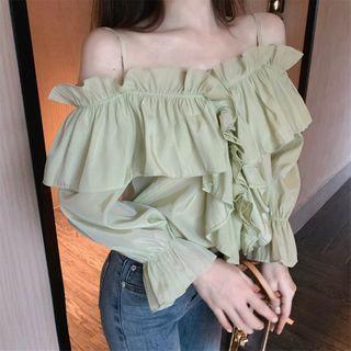 Ruffled Long-sleeve Cold-shoulder Blouse