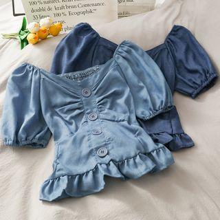 Wide-neck Ruched Denim Top