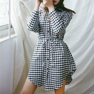 Tie Waist Gingham Long Shirt