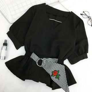Check Ruffle V-neck Short-sleeve Blouse