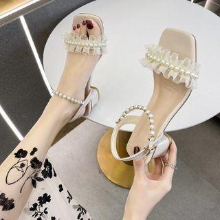 Ankle Strap Faux Pearl Block-heel Sandals