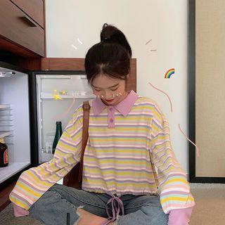 Drawstring Striped Cropped Polo Shirt Rainbow Stripe - One Size