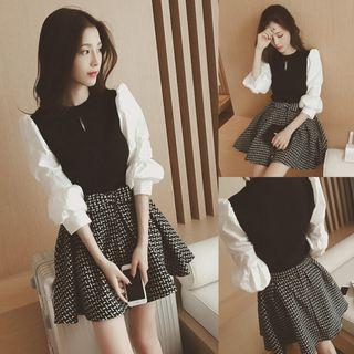 Puff-sleeve Blouse / Patterned A-line Skirt / Set