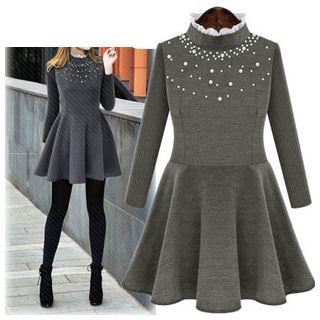 Faux Pearl Knit-sleeve A-line Dress