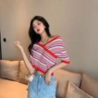 Striped Short-sleeve Crisscross Knit Top Red - One Size