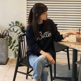 Letter-embroidered Boxy-fit Pullover Navy Blue - One Size