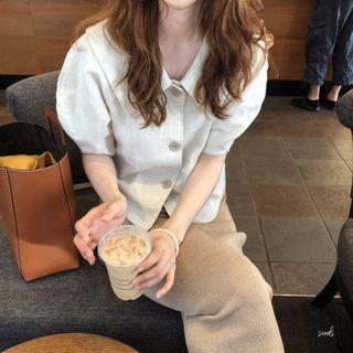 Puff-sleeve Single Breasted Blouse Oatmeal - One Size