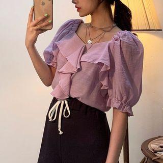 Short-sleeve Ruffle Blouse / Drawstring Waist Wide-leg Pants