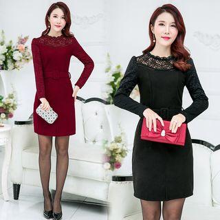 Long-sleeved Crewneck A-line Plain Panel Slim Lace Long Sheath Dress