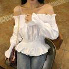 Off-shoulder Ruffle Trim Shirred Blouse