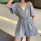 Elbow-sleeve Zip Hooded Playsuit