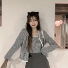 Set: Striped Camisole Top + Cardigan White & Black & Gray - One Size